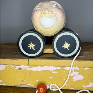 BRIERE Folk Art Pull Toy 1992 Man in The Moon & Cow Ball & Cart /Cradle #232
